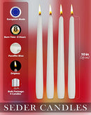 Four tall white tapered candles standing upright on a white background, ideal for Passover seder use.