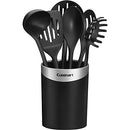 A black kitchen utensil crock holding six black-handled nylon tools, displayed on a white background.