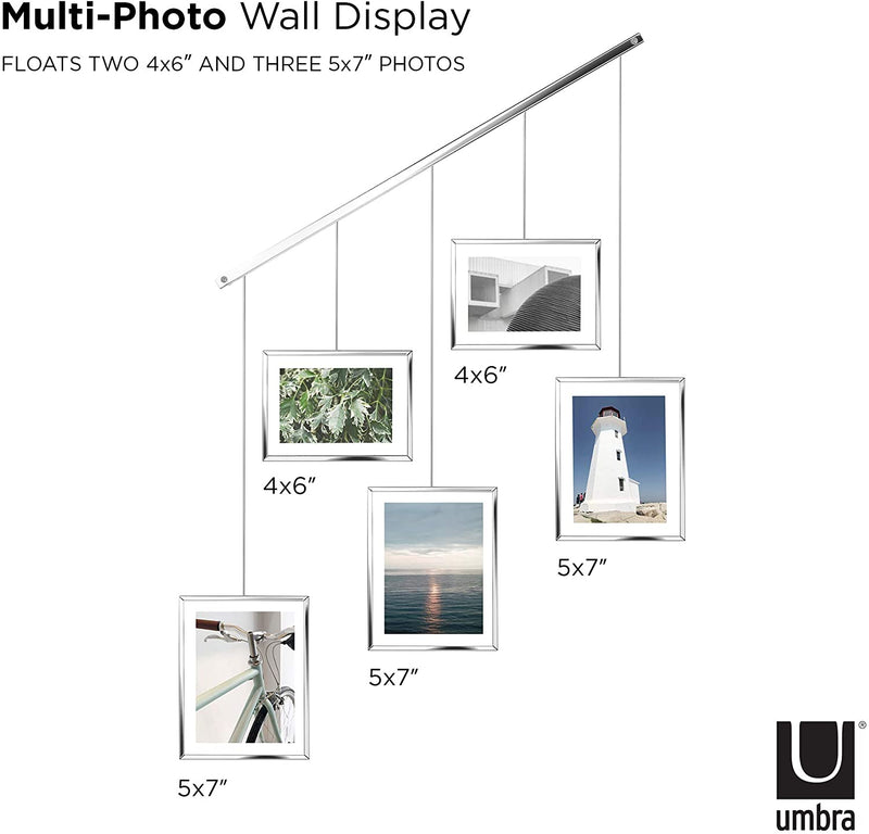 Umbra Exhibit Picture Frame Gallery Set Adjustable Collage Display for 5 Photos, Prints, Artwork & More (Holds Two 4 x 6 inch and Three 5 x 7 inch Images), 5 Opening, Chrome