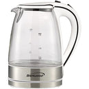 Clear glass Brentwood electric kettle with a 1.7-liter capacity, featuring a stainless steel base and a white ergonomic handle.