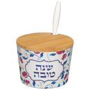 Ceramic Honey Dish with Pomegranate Print and Inscription Bamboo Cover