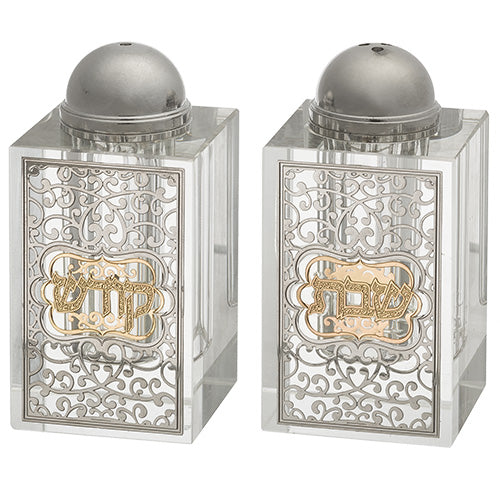 Crystal Salt and Pepper Shakers with Laser Cut Stainless and Gold Plaque