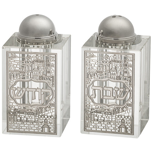 Crystal Salt and Pepper Shakers with Laser Cut Stainless Plaque
