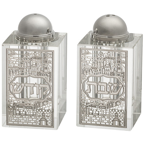 Crystal Salt and Pepper Shakers with Laser Cut Stainless Plaque