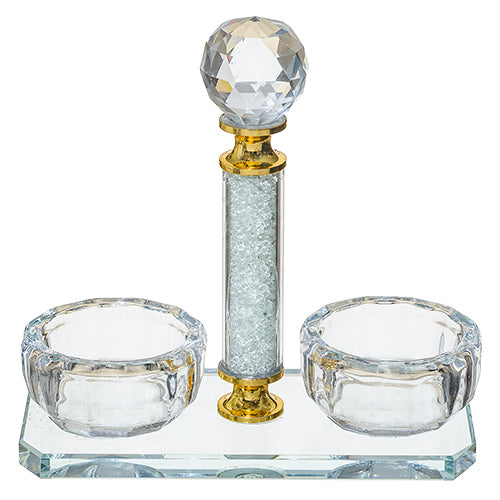 Crystal Salt and Pepper Stand with Crystal Chips and Gold Accent