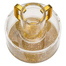 Clear acrylic Mayim Achronim designed with a circular base containing embedded gold glitter for a decorative touch. The cup features two prominent, angular gold-colored handles for easy holding.