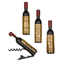 Four mini, black, gold-decorated wine bottles are shown; one is a corkscrew.
