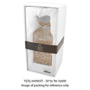  Clear crystal wine bottle with gold embossed Hebrew letters on a white background.