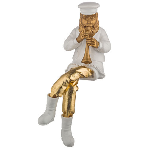 Polyresin Hassidic Figurine Holding a Trumpet Gold and White