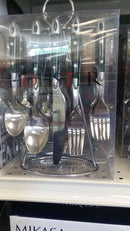 A 20-piece flatware set in a clear display box, including spoons, knives, and forks with dark green handles and a matching metal hanging rack.