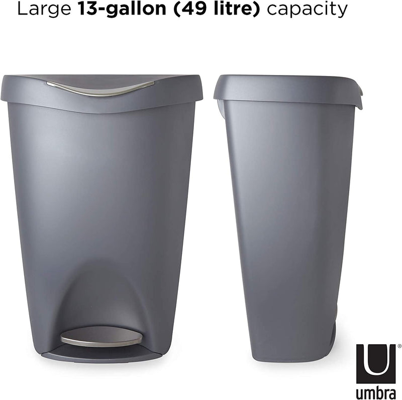 Umbra Brim Large Kitchen Trash Can with Stainless Steel Foot Pedal Stylish and Durable 13 Gallon Step Garbage Can with Lid, Silver/Nickel