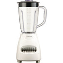 Brentwood 12-speed white blender with a clear plastic pitcher and black lid and handle, shown on a white background.