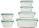 The OXO Good Grips Smart Seal 12-Piece Glass Container Set is displayed with two stacks of containers. One stack shows two round glass containers with teal lids nested. The other stack shows four rectangular glass containers with teal lids, increasing in size from top to bottom.