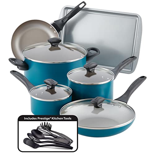 Farberware Dishwasher Safe Nonstick Cookware Pots and Pans Set, 15 Piece, Teal