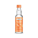 A small, clear glass bottle of SodaStream Bubly drops with an orange label. The label indicates "peach bubly" flavor and a volume of 1.36 fluid ounces (40 ml).