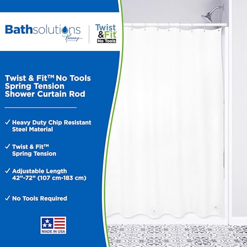 Kenney KN609L/1 Twist & Fit No Tools Spring Tension Standard Shower Curtain Rod with Non-Slip, Non-Scratch Ends, 42-72" Adjustable Length, Easy Install, White, 1" Diameter Rust Resistant Steel Tube