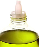 A large, clear bottle filled with golden extra virgin olive oil, featuring a green and yellow label and a black E-Z fill spout.