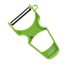 Green Y-peeler with "Heavy Duty, Ultra Sharp Carbon Steel Swiss Blade" and "Easy Grip." Kosher-certified.
