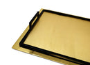 Medium gold rectangular serving tray with a matte texture and black handles, shown on a white background.