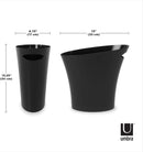 A pair of slim, black, oval-shaped trash cans with a slightly tapered design. Each can has a handle integrated into its top rim, which is cut at an angle.