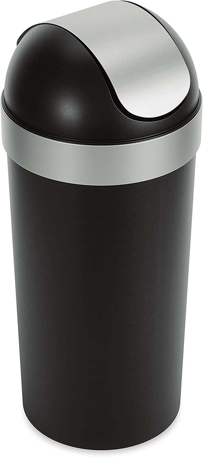 Umbra Venti 16-Gallon Swing Top Kitchen Trash Can Large, 35-inch Tall Garbage Can for Indoor, Outdoor, Black/Nickel