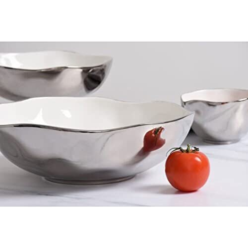 Pampa Bay Titanium-Plated Porcelain Wide Bowl, 12 Inch, Silver/White Tone, Oven, Freezer, Dishwasher Safe