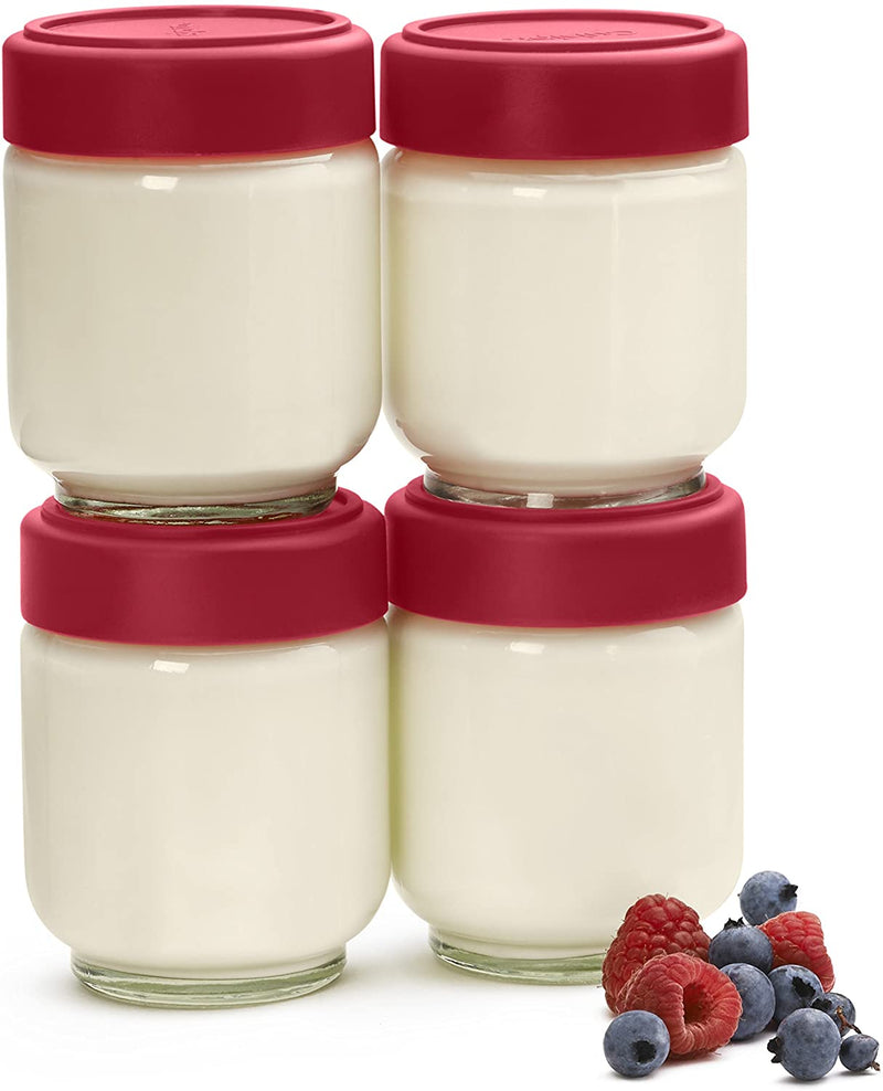 Cuisipro 6 Ounce Glass Jars (Set of 4), Glass/Red