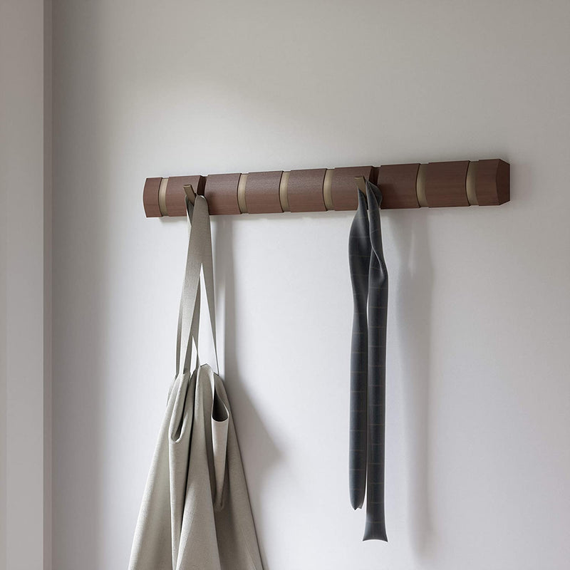 Umbra Flip 8-Hook Wall Mounted Coat Rack, Modern, Sleek, Space-Saving Coat Hanger Walnut/Black