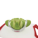 Stainless steel Elbee apple corer and wedger featuring a white body and vibrant green non-slip grips for safe and efficient fruit preparation.