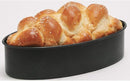 A black, heavy-duty non-stick oval challah pan, shown from an angle to highlight its shape and smooth finish.