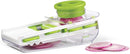 Starfrit Easy Mandoline Slicer with five interchangeable blades, hand guard, and a clear container base shown on a white background.