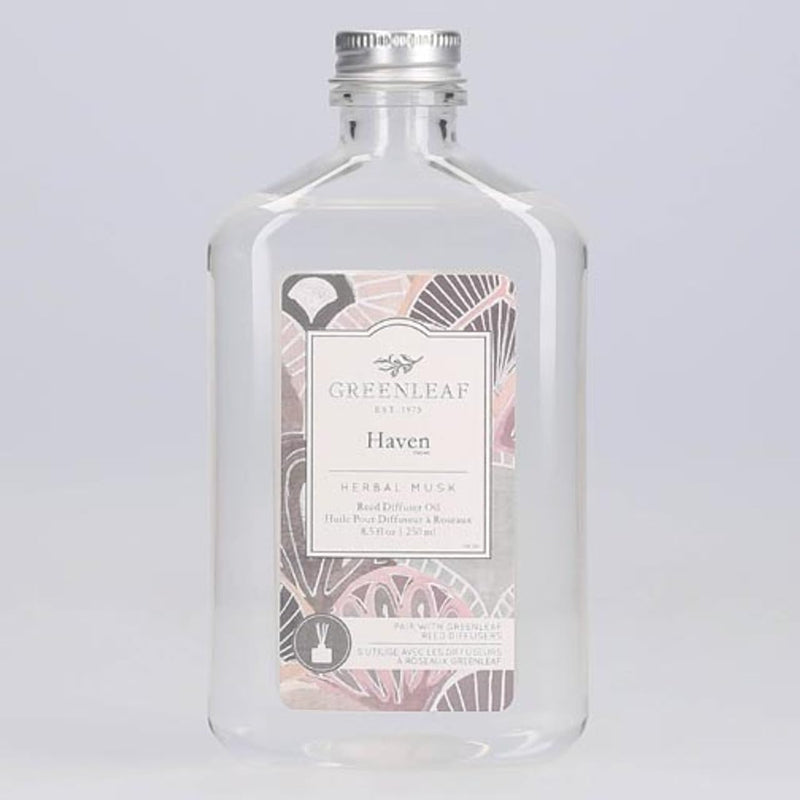 Bottle of Haven herbal musk scented reed diffuser oil.