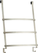 Over-the-shower door towel rack with three bars and two hooks in a satin silver finish, shown on a white background.