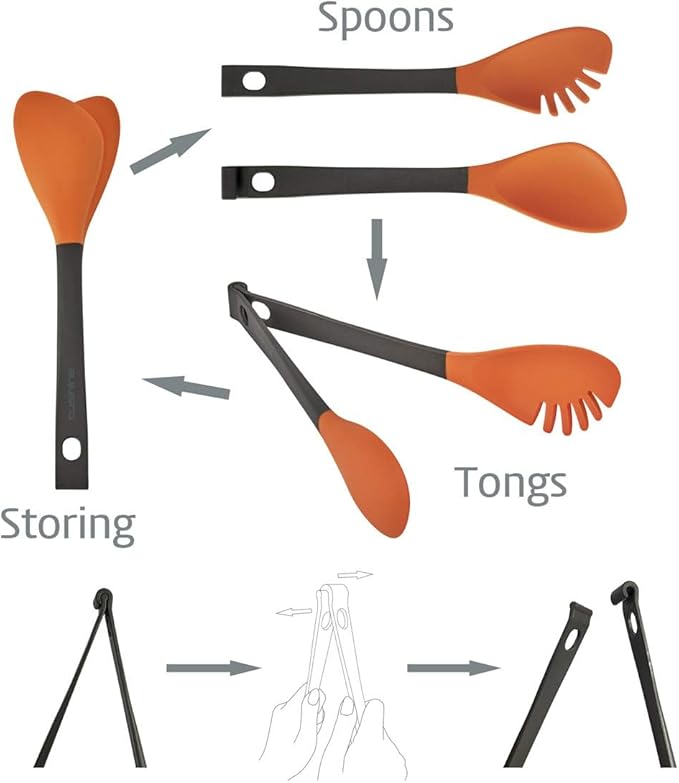 Cusinine 2-in-1 silicone food tongs with fork and spoon ends joined together, shown on a white background.