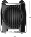 Black multipurpose egg slicer with stainless steel wires and non-slip base, shown open with an egg inside on a white background.