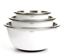 A set of three OXO mixing bowls in different sizes: a large white bowl at the bottom, a medium white bowl in the middle, and a small white bowl on top. All feature stainless steel interiors and rims, a white OXO logo on the exterior, and black non-slip bases for stability.