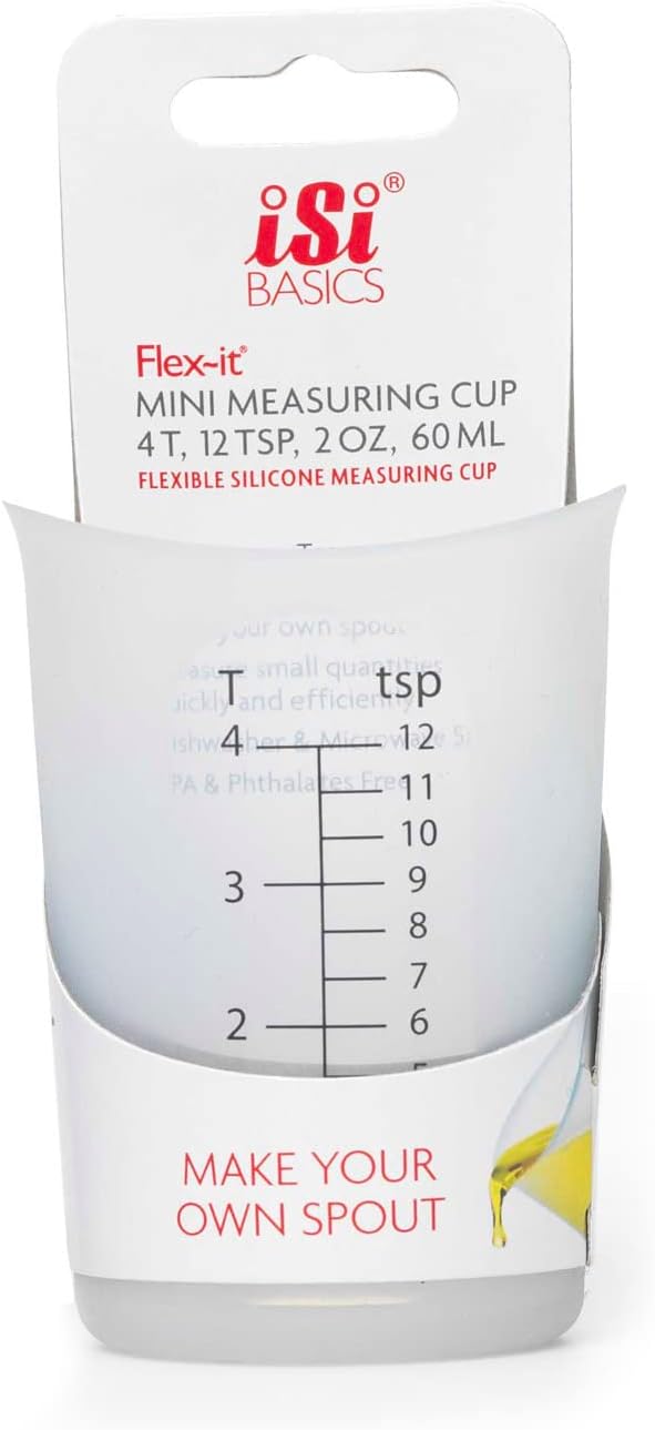 Clear 2-ounce iSi flexible silicone measuring cup with marked measurements, shown on a white background.