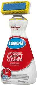 Carbona 2-in-1 Carpet Cleaner bottle with built-in brush cap and blue label, shown on a white background.