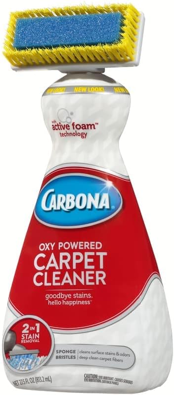 Carbona 2-in-1 Carpet Cleaner bottle with built-in brush cap and blue label, shown on a white background.