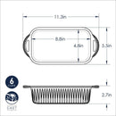 Dimensions for Nordic Ware Procast Classic silver loaf pan with handles and smooth interior on a white background.