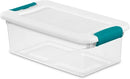 Sterilite 6-quart clear plastic storage box with white snap-on latching lid shown on a white background.