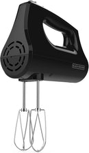 Black 5-speed hand mixer with beaters, whisks, and storage case on white background.