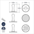 Dimensions for set of three Nordic Ware honeybee-themed cast aluminum cookie stamps with wooden handles, arranged on a white background.