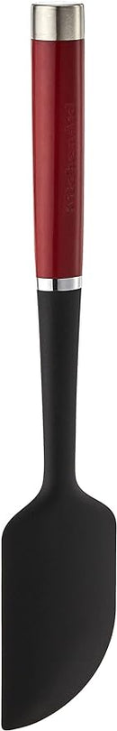 KitchenAid red silicone jar spatula with a long handle and narrow flexible head, shown on a white background.