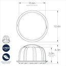 Dimensions for Clear plastic Bundt cake container with a red twist-lock lid, shown closed with a Bundt cake inside, displayed on a white background.