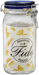 A clear glass Bormioli Rocco Fido jar with a dark blue hinged lid and wire bail closure, featuring a label with various pasta shapes and the 'Bormioli Fido Rocco' logo. A "MADE IN ITALY" tag is visible near the lid.