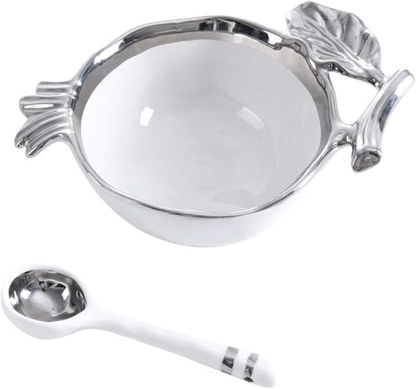 Silver pomegranate-themed bowl and spoon set with titanium finish, elegantly displayed on a white background.