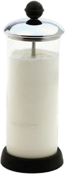 Norpro Glass Froth Master with black manual pump and transparent beaker, shown on a white background.