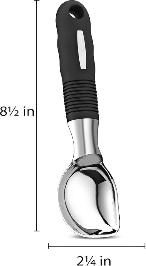 A heavy-duty silver metal ice cream scooper with a black ergonomic handle, shown with its dimensions: 8.5 inches long and 2.25 inches wide.