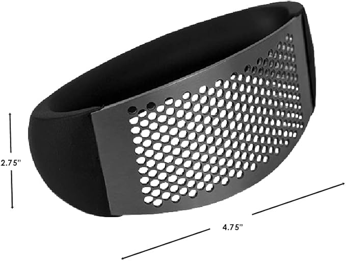 Black-handled stainless steel garlic rocker press with perforated base on a white background.